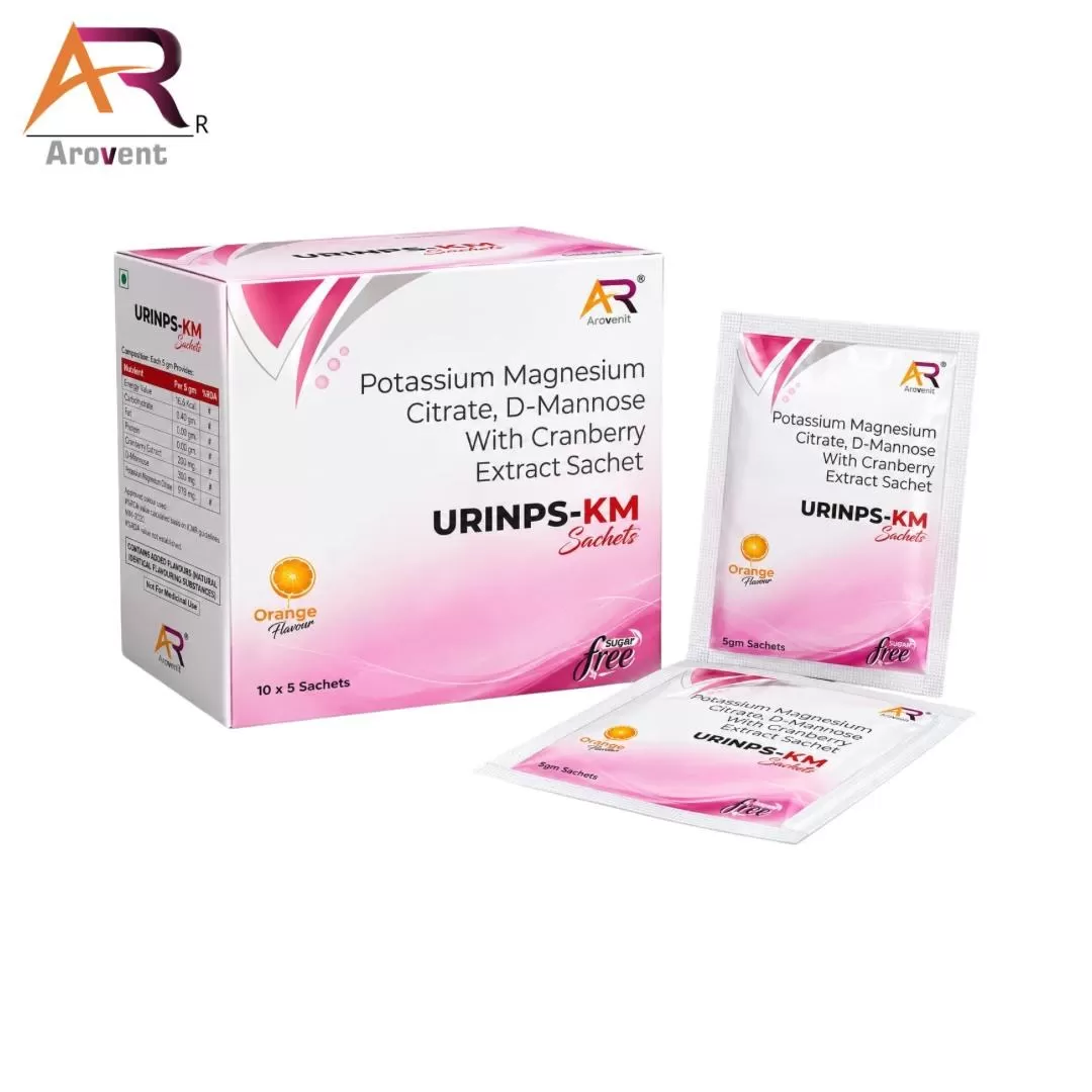 URINPS-KM SACHETS Cranberry Extract 200mg + D mannose 300mg + Potassium Magnesium Citrate 978mg Sachet 5mg Sachet pack – Arovent Healthcare