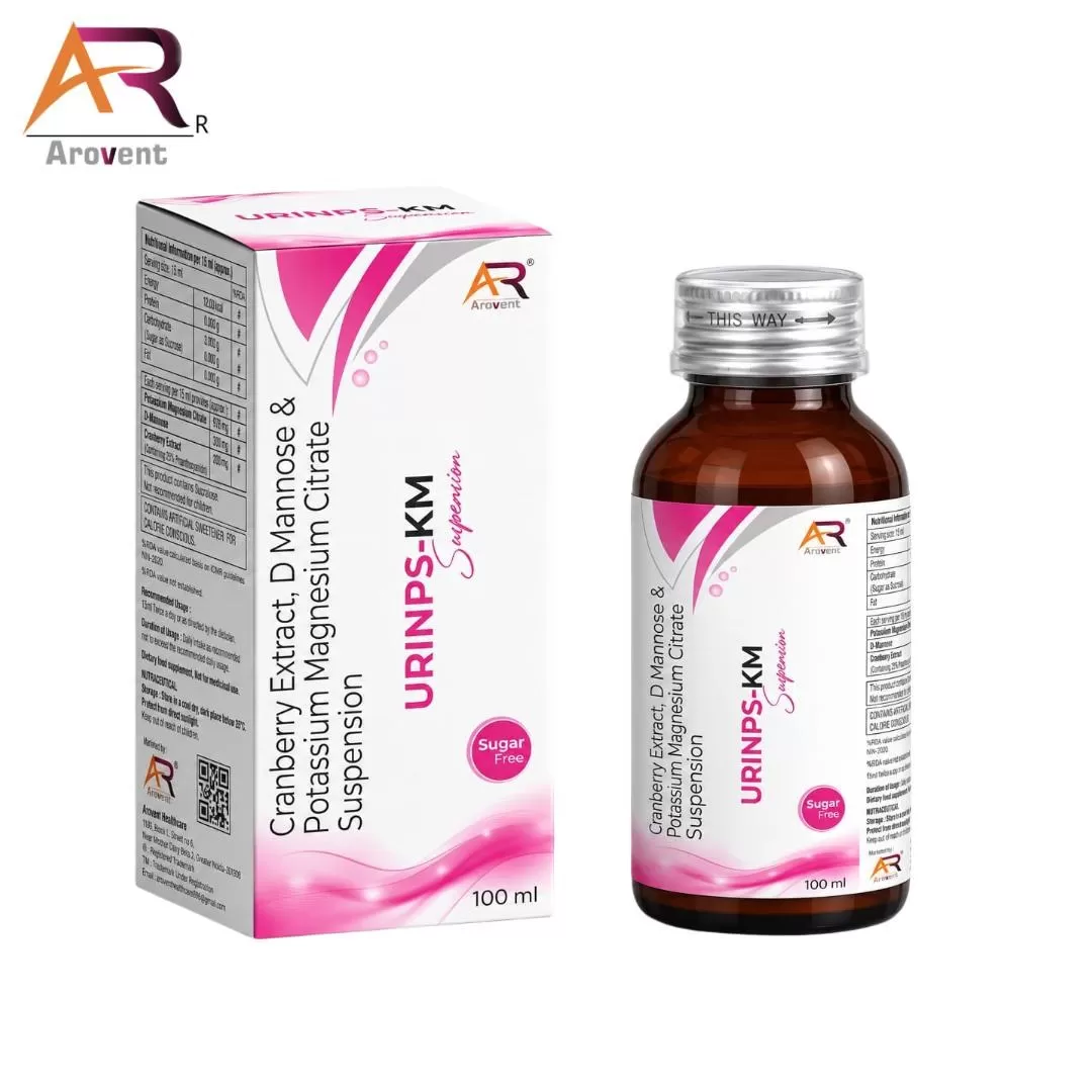 URINPS-UTI SUS Cranberry Extract 200mg + D mannose 300mg + Potassium Magnesium Citrate 978mg Suspension 1-100ml Bottle pack – Arovent Healthcare